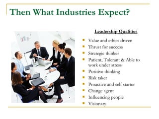 Then What Industries Expect?
                       Leadership Qualities
                   Value and ethics driven
                   Thrust for success
                   Strategic thinker
                   Patient, Tolerant & Able to
                    work under stress
                   Positive thinking
                   Risk taker
                   Proactive and self starter
                   Change agent
                   Influencing people
                   Visionary
 