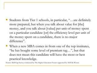    Students from Tier 1 schools, in particular, “…are definitely
    more prepared, but when you talk about value for [the]
    money, and you talk about [value] per unit of money spent
    on a particular candidate [or] the efficiency level per unit of
    the money spent on a candidate, there is no major
    difference”.
   When a new MBA comes in from one of the top institutes,
    “he has bought some level of premium tag…”, but that
    does not mean this candidate will have the most or best
    practical knowledge.
Source: Skill Gap Survey conducted by The Higher Education Forum supported by 1SOS & Westat.
 