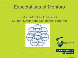 Expectations of Mentors
- As part of CQUniversity’s
Student Mentor and Leadership Program
 