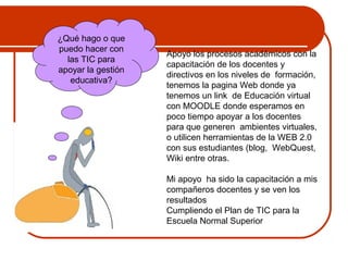 Apoyo los procesos académicos con la 
capacitación de los docentes y 
directivos en los niveles de formación, 
tenemos la pagina Web donde ya 
tenemos un link de Educación virtual 
con MOODLE donde esperamos en 
poco tiempo apoyar a los docentes 
para que generen ambientes virtuales, 
o utilicen herramientas de la WEB 2.0 
con sus estudiantes (blog, WebQuest, 
Wiki entre otras. 
Mi apoyo ha sido la capacitación a mis 
compañeros docentes y se ven los 
resultados 
Cumpliendo el Plan de TIC para la 
Escuela Normal Superior 
¿Qué hago o que 
puedo hacer con 
las TIC para 
apoyar la gestión 
educativa? 
 