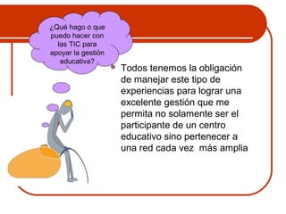  Todos tenemos la obligación 
de manejar este tipo de 
experiencias para lograr una 
excelente gestión que me 
permita no solamente ser el 
participante de un centro 
educativo sino pertenecer a 
una red cada vez más amplia 
¿Qué hago o que 
puedo hacer con 
las TIC para 
apoyar la gestión 
educativa? 
 