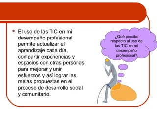  El uso de las TIC en mi 
desempeño profesional 
permite actualizar el 
aprendizaje cada día, 
compartir experiencias y 
espacios con otras personas 
para mejorar y unir 
esfuerzos y así lograr las 
metas propuestas en el 
proceso de desarrollo social 
y comunitario. 
¿Qué percibo 
respecto al uso de 
las TIC en mi 
desempeño 
profesional? 
 