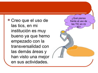 Creo que el uso de 
las tics, en mi 
institución es muy 
bueno ya que hemos 
empezado con la 
transversalidad con 
las demás áreas y 
han visto una mejoría 
en sus actividades. 
¿Qué pienso 
frente al uso de 
las TIC en mi 
IE? 
 
