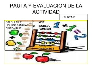 PAUTA Y EVALUACION DE LA ACTIVIDAD MES INGRESO FAMILIAR VALOR DE ARRIENDO O DIVIDENDO. TOTAL LIQUIDO FAMILIAR DISPONIBLE CALCULAR EL LIQUIDO FAMILIAR DISPONIBLE PUNTAJE  