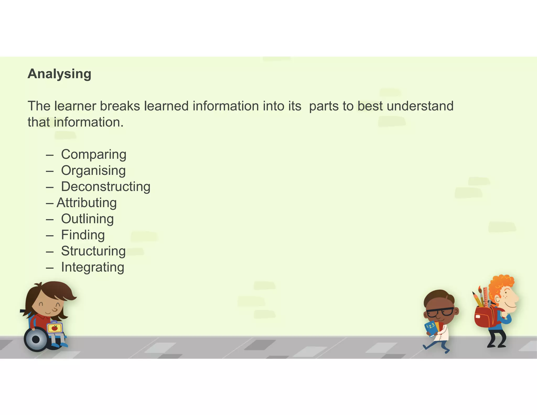 Analysing
The learner breaks learned information into its parts to best understand
that information.
– Comparing
– Organising
– Deconstructing
– Attributing
– Outlining
– Finding
– Structuring
– Integrating
 