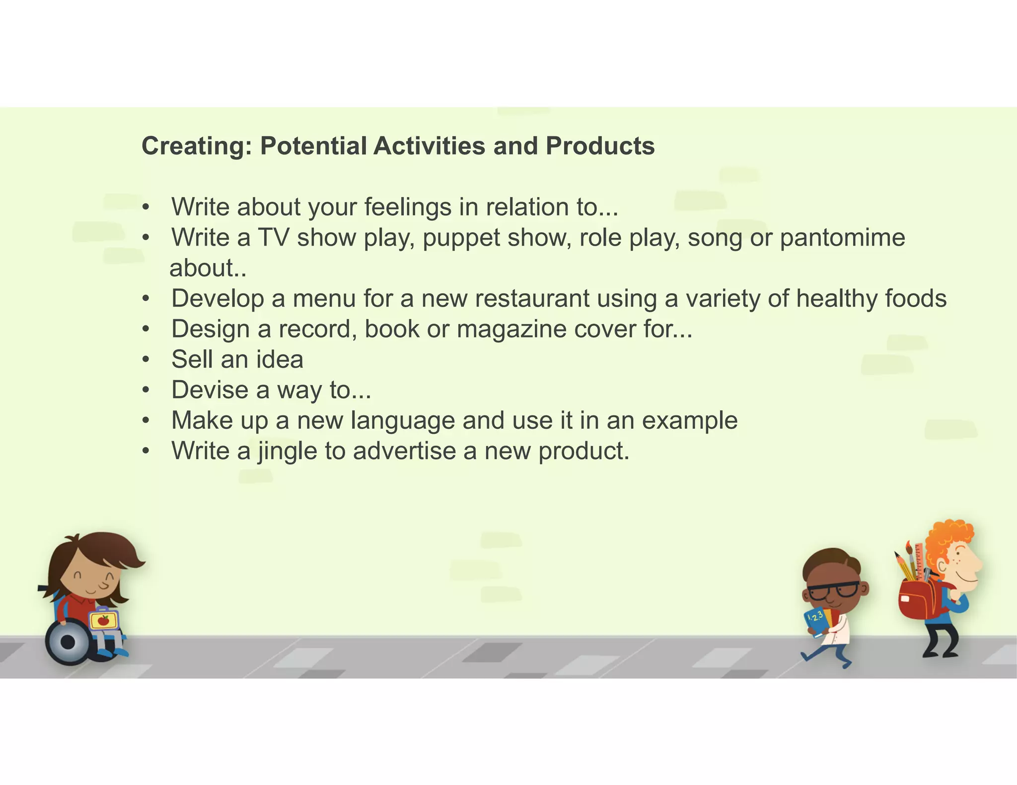 Creating: Potential Activities and Products
• Write about your feelings in relation to...
• Write a TV show play, puppet show, role play, song or pantomime
about..
• Develop a menu for a new restaurant using a variety of healthy foods
• Design a record, book or magazine cover for...
• Sell an idea
• Devise a way to...
• Make up a new language and use it in an example
• Write a jingle to advertise a new product.
 