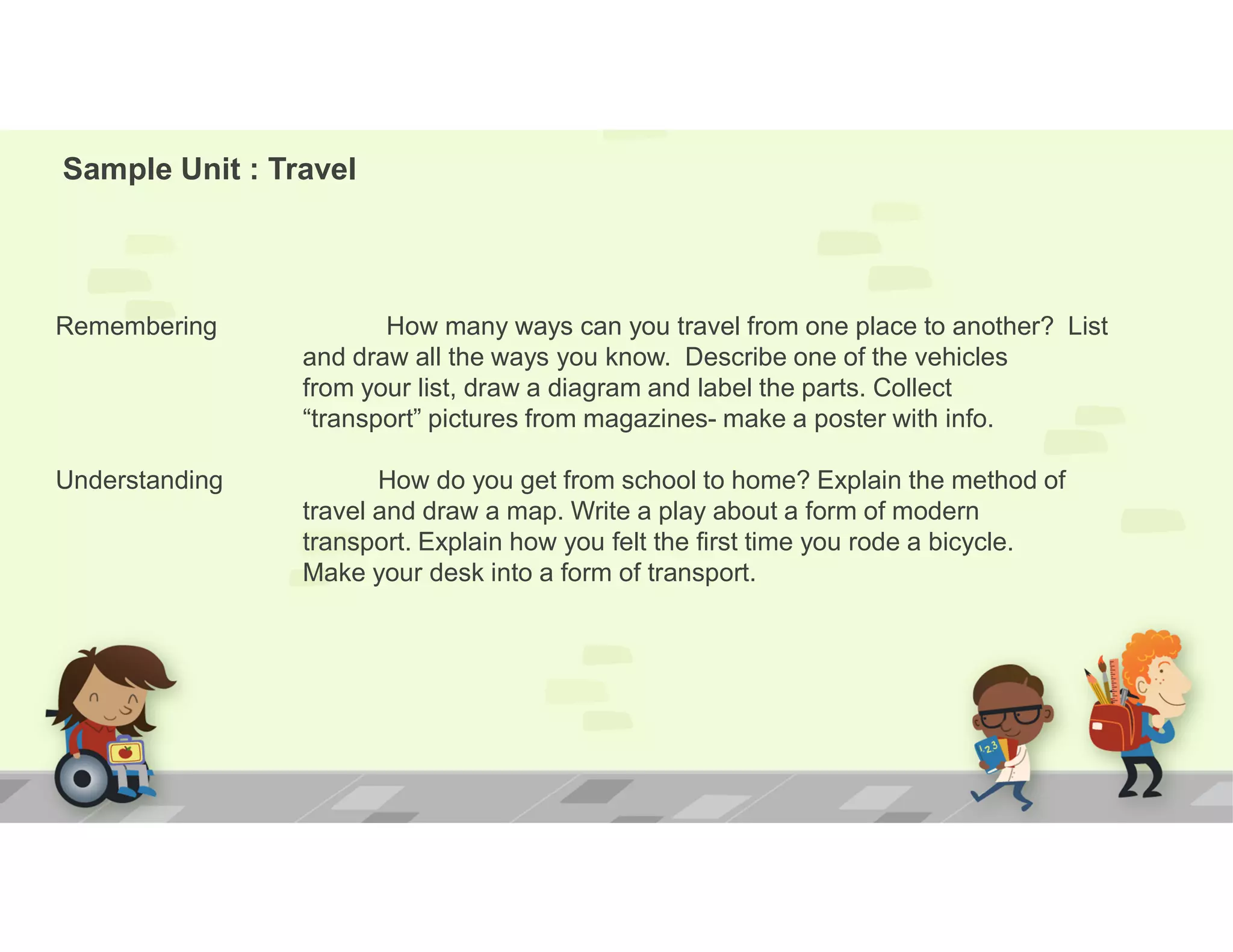 Sample Unit : Travel
Remembering How many ways can you travel from one place to another? List
and draw all the ways you know. Describe one of the vehicles
from your list, draw a diagram and label the parts. Collect
“transport” pictures from magazines- make a poster with info.
Understanding How do you get from school to home? Explain the method of
travel and draw a map. Write a play about a form of modern
transport. Explain how you felt the first time you rode a bicycle.
Make your desk into a form of transport.
 