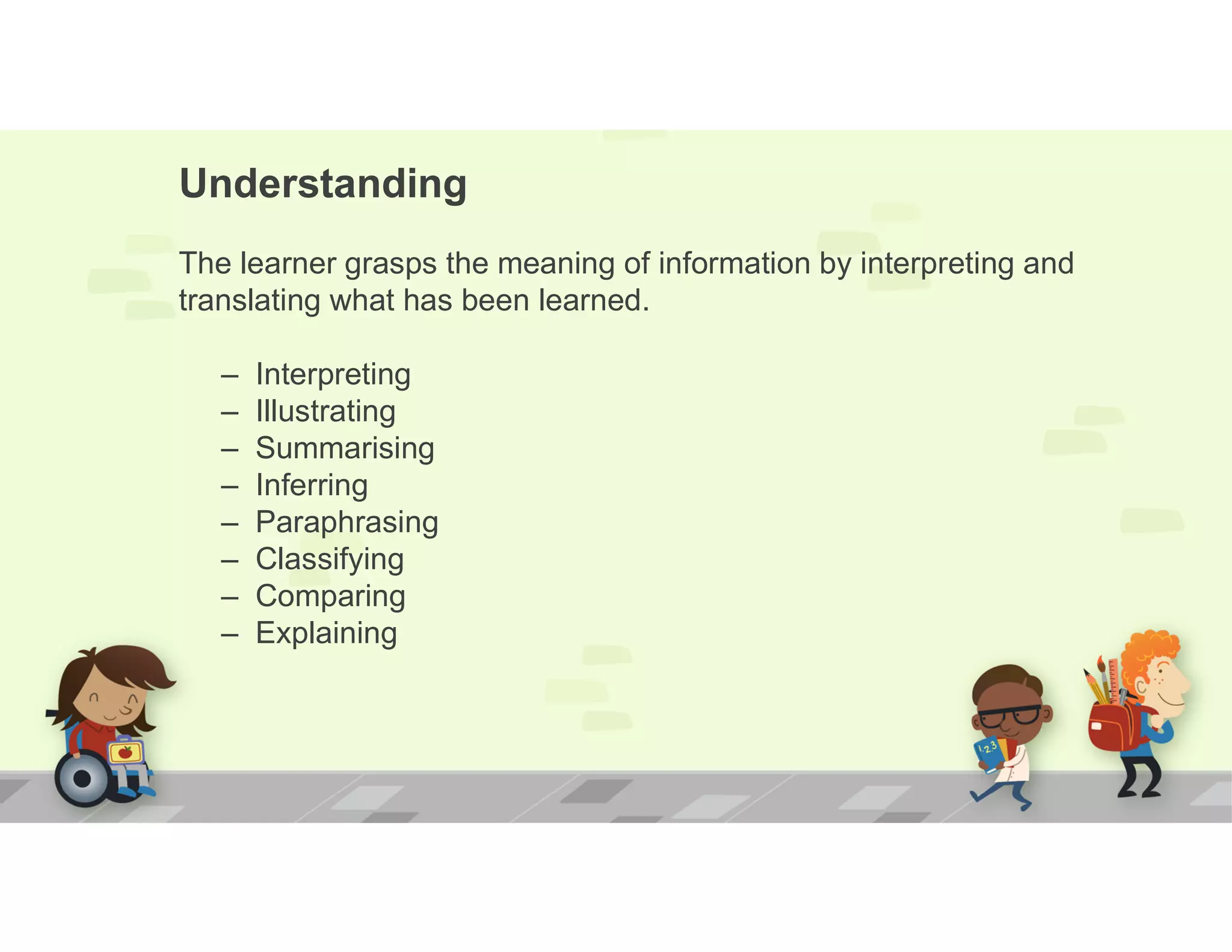 Understanding
The learner grasps the meaning of information by interpreting and
translating what has been learned.
– Interpreting
– Illustrating
– Summarising
– Inferring
– Paraphrasing
– Classifying
– Comparing
– Explaining
 