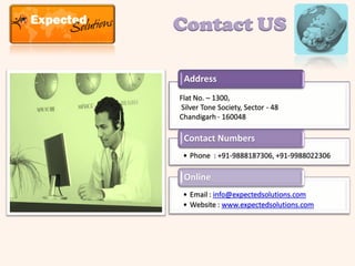 Contact US

 Address
Flat No. – 1300,
Silver Tone Society, Sector - 48
Chandigarh - 160048

 Contact Numbers
 • Phone : +91-9888187306, +91-9988022306

 Online
 • Email : info@expectedsolutions.com
 • Website : www.expectedsolutions.com
 