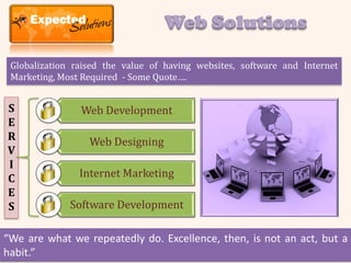 Web Solutions

 Globalization raised the value of having websites, software and Internet
 Marketing, Most Required - Some Quote….


S               Web Development
E
R                 Web Designing
V
I
C               Internet Marketing
E
S             Software Development

“We are what we repeatedly do. Excellence, then, is not an act, but a
habit.”
 