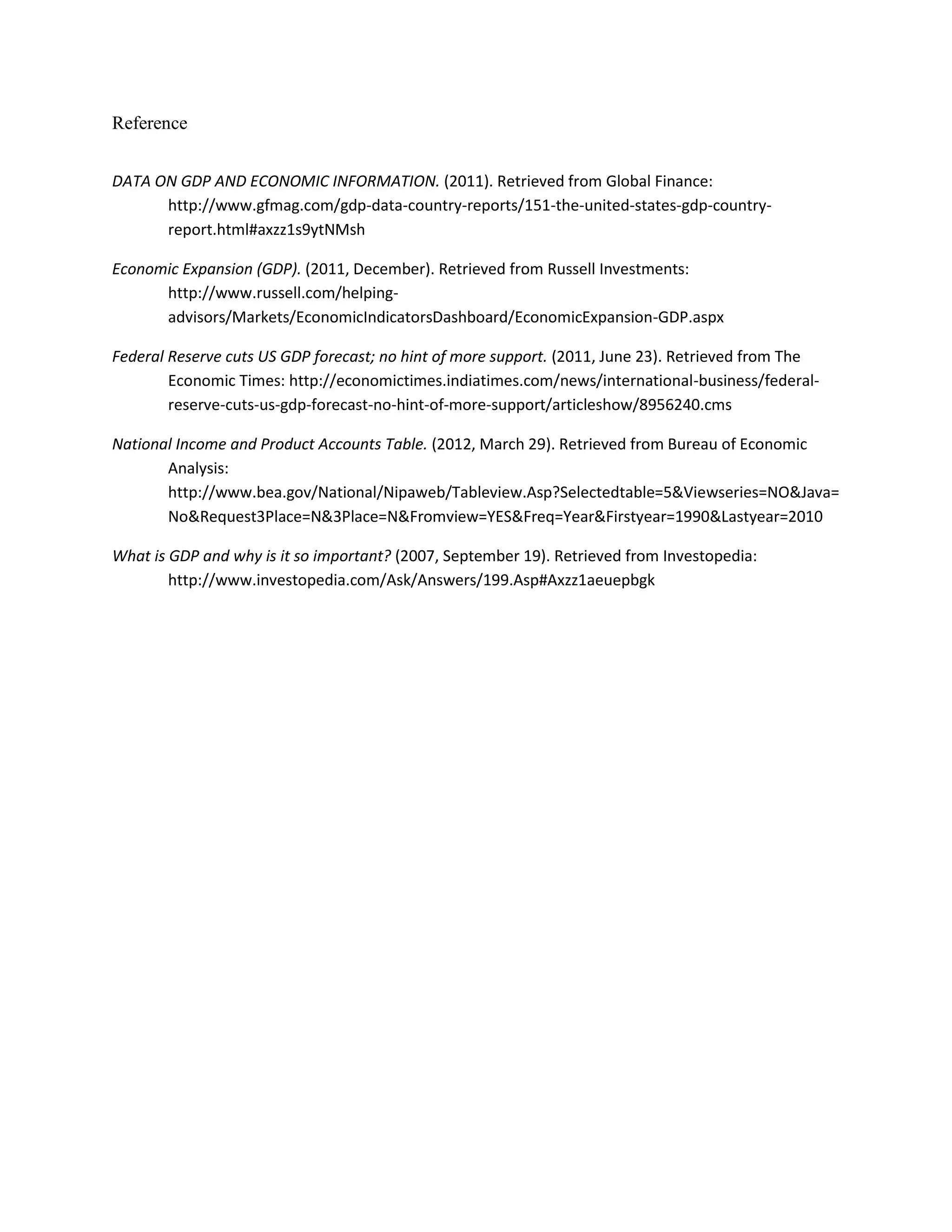 Reference


DATA ON GDP AND ECONOMIC INFORMATION. (2011). Retrieved from Global Finance:
      http://www.gfmag.com/gdp-data-country-reports/151-the-united-states-gdp-country-
      report.html#axzz1s9ytNMsh

Economic Expansion (GDP). (2011, December). Retrieved from Russell Investments:
      http://www.russell.com/helping-
      advisors/Markets/EconomicIndicatorsDashboard/EconomicExpansion-GDP.aspx

Federal Reserve cuts US GDP forecast; no hint of more support. (2011, June 23). Retrieved from The
        Economic Times: http://economictimes.indiatimes.com/news/international-business/federal-
        reserve-cuts-us-gdp-forecast-no-hint-of-more-support/articleshow/8956240.cms

National Income and Product Accounts Table. (2012, March 29). Retrieved from Bureau of Economic
       Analysis:
       http://www.bea.gov/National/Nipaweb/Tableview.Asp?Selectedtable=5&Viewseries=NO&Java=
       No&Request3Place=N&3Place=N&Fromview=YES&Freq=Year&Firstyear=1990&Lastyear=2010

What is GDP and why is it so important? (2007, September 19). Retrieved from Investopedia:
        http://www.investopedia.com/Ask/Answers/199.Asp#Axzz1aeuepbgk
 