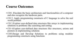 Course Outcomes
• CO1. Elucidate the basic architecture and functionalities of a computer
and also recognize the hardware parts.
• CO 2. Apply programming constructs of C language to solve the real
world problem
• CO 3.Explore user-defined data structures like arrays in implementing
solutions to problems like searching and sorting
• CO 4.Explore user-defined data structures like structures, unions and
pointers in implementing solutions
• CO5.Design and Develop Solutions to problems using modular
programming constructs using functions
 