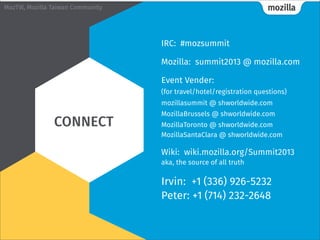 mozillaMozTW, Mozilla Taiwan Community
Traveling
& Arriving
1. Wear something that has ‘Mozilla’ or ‘Firefox’ on it.
2. If arriving on the 3rd, you will be picked-up at the
airport. If not, traveling from the airport to the hotel.
wiki.mozilla.org/Summit2013TravelSpecs
3. Would be best to find a buddy.
What to do when you arrive at the Hotel:
1. Visit the reception desk to pick up your welcome pack
and badge.
2. Check-in to your room and take a rest (you will be tired!)
• Check-in will begin at 3pm.
• You may need a credit card/cash for hotel to hold
USD$ 50/day.
• Welcome Reception beginning Thursday at 6pm.
3. Start reading through your guide to the weekend.
 