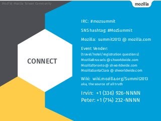 mozillaMozTW, Mozilla Taiwan Community
IRC: #mozsummit
SNS hashtag: #MozSummit
Mozilla: summit2013 @ mozilla.com
Event Vender:
(travel/hotel/registration questions)
MozillaBrussels @ shworldwide.com
MozillaToronto @ shworldwide.com
MozillaSantaClara @ shworldwide.com
Wiki: wiki.mozilla.org/Summit2013
aka, the source of all truth
Irvin: +1 (336) 926-NNNN
Peter: +1 (714) 232-NNNN
CONNECT
 