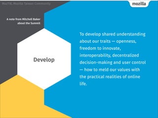 mozillaMozTW, Mozilla Taiwan Community
To develop shared understanding
about our traits — openness,
freedom to innovate,
interoperability, decentralized
decision-making and user control
— how to meld our values with
the practical realities of online
life.
Develop
A note from Mitchell Baker
about the Summit 
 