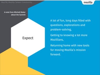 mozillaMozTW, Mozilla Taiwan Community
A lot of fun, long days filled with
questions, explorations and
problem-solving,
Getting to knowing a lot more
Mozillians,
Returning home with new tools
for moving Mozilla’s mission
forward.
Expect
A note from Mitchell Baker
about the Summit 
 
