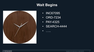 Wait Begins
Copyright © 2015 AppDynamics. All rights reserved. 11
•  INC67095
•  ORD-7234
•  PAY-4325
•  SEARCH-4444
•  …..
 