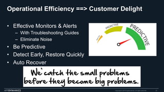 Operational Efficiency ==> Customer Delight
•  Effective Monitors & Alerts
–  With Troubleshooting Guides
–  Eliminate Noise
•  Be Predictive
•  Detect Early, Restore Quickly
•  Auto Recover
Copyright © 2015 AppDynamics. All rights reserved. 25
 