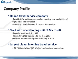 Company Profile Online travel service company Provide information on scheduling , pricing  and availability of flight, hotel and rental car One-stop travel shopping & reservation services Start with operationing unit of Microsoft Expedia went public in 1999 Interactive crop buy expedia stock in 2003  Become indepentdent public company in 2005 Largest player in online travel service -  $2.7 billion in 2007 (38.57%) of total online market share 