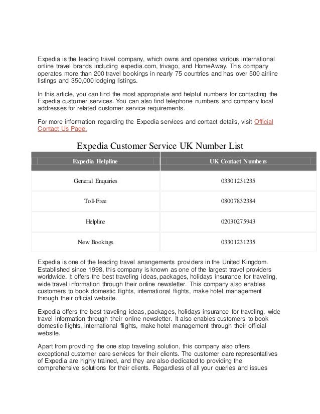Expedia customer service numbers uk