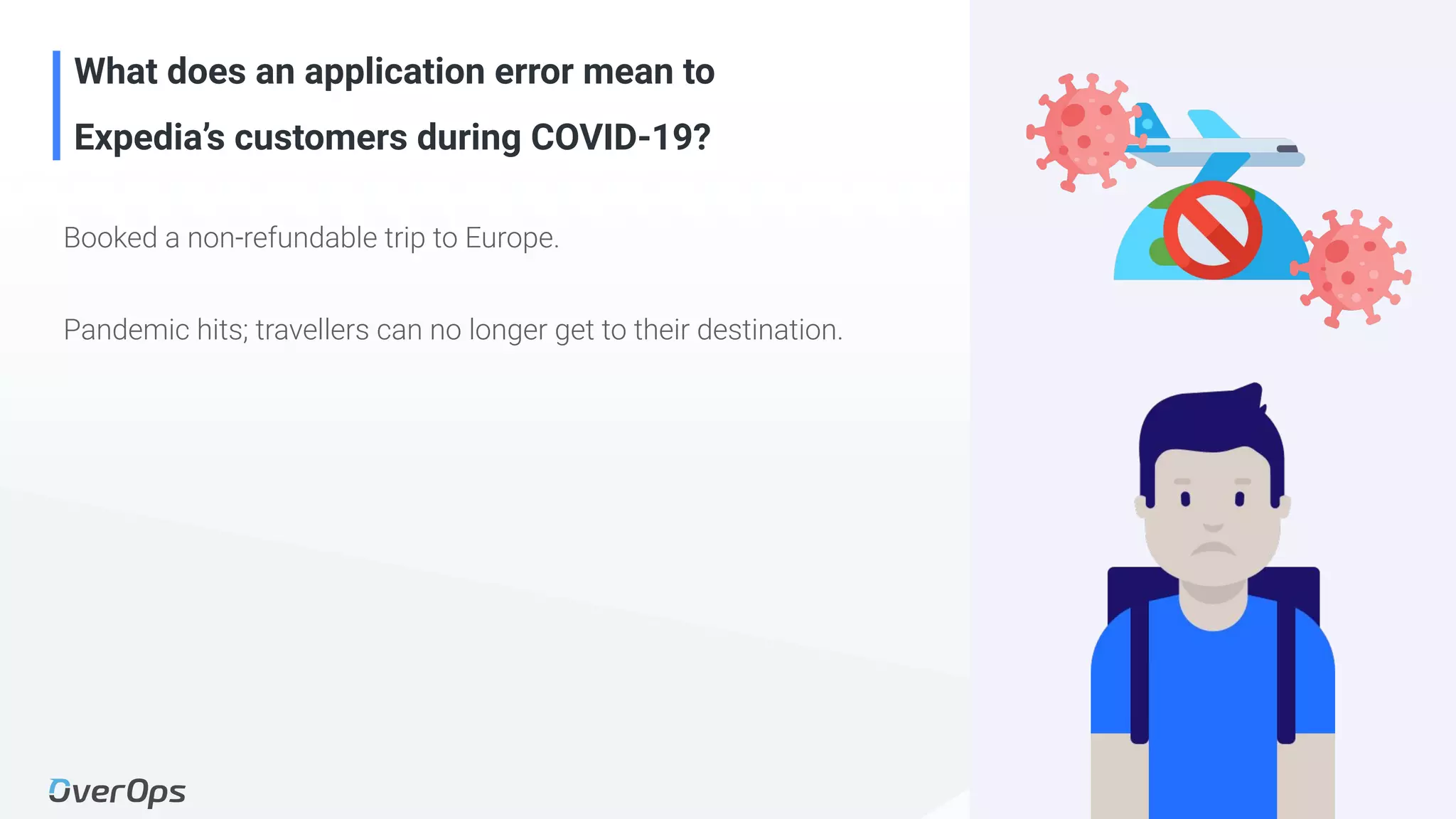 10Copyright © 2020 OverOps. All rights reserved.
What does an application error mean to
Expedia’s customers during COVID-19?
Booked a non-refundable trip to Europe.
Pandemic hits; travellers can no longer get to their destination.
 