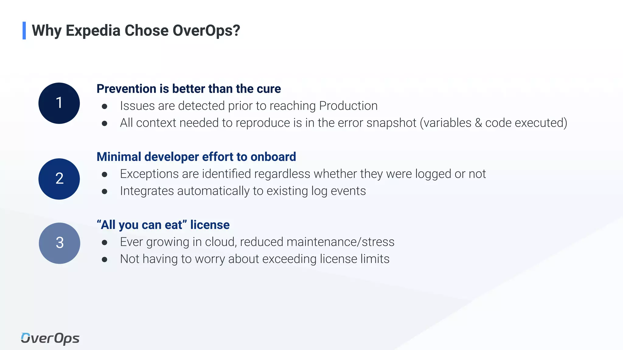 17Copyright © 2020 OverOps. All rights reserved.
Prevention is better than the cure
● Issues are detected prior to reaching Production
● All context needed to reproduce is in the error snapshot (variables & code executed)
Minimal developer effort to onboard
● Exceptions are identiﬁed regardless whether they were logged or not
● Integrates automatically to existing log events
“All you can eat” license
● Ever growing in cloud, reduced maintenance/stress
● Not having to worry about exceeding license limits
1
2
3
Why Expedia Chose OverOps?
 