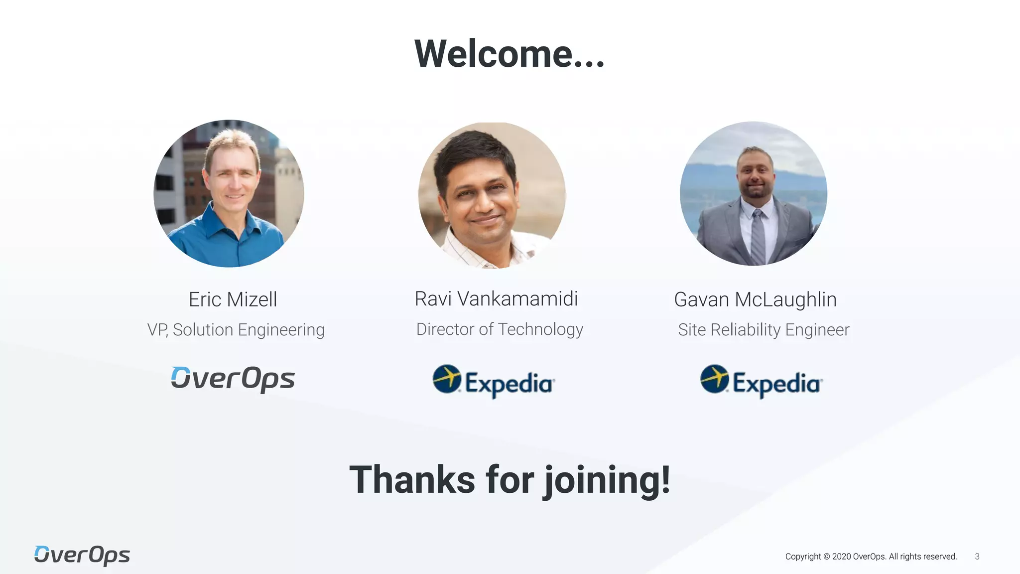 3Copyright © 2020 OverOps. All rights reserved.
Welcome...
Director of Technology
Gavan McLaughlin
Thanks for joining!
Ravi Vankamamidi
Site Reliability EngineerVP, Solution Engineering
Eric Mizell
 
