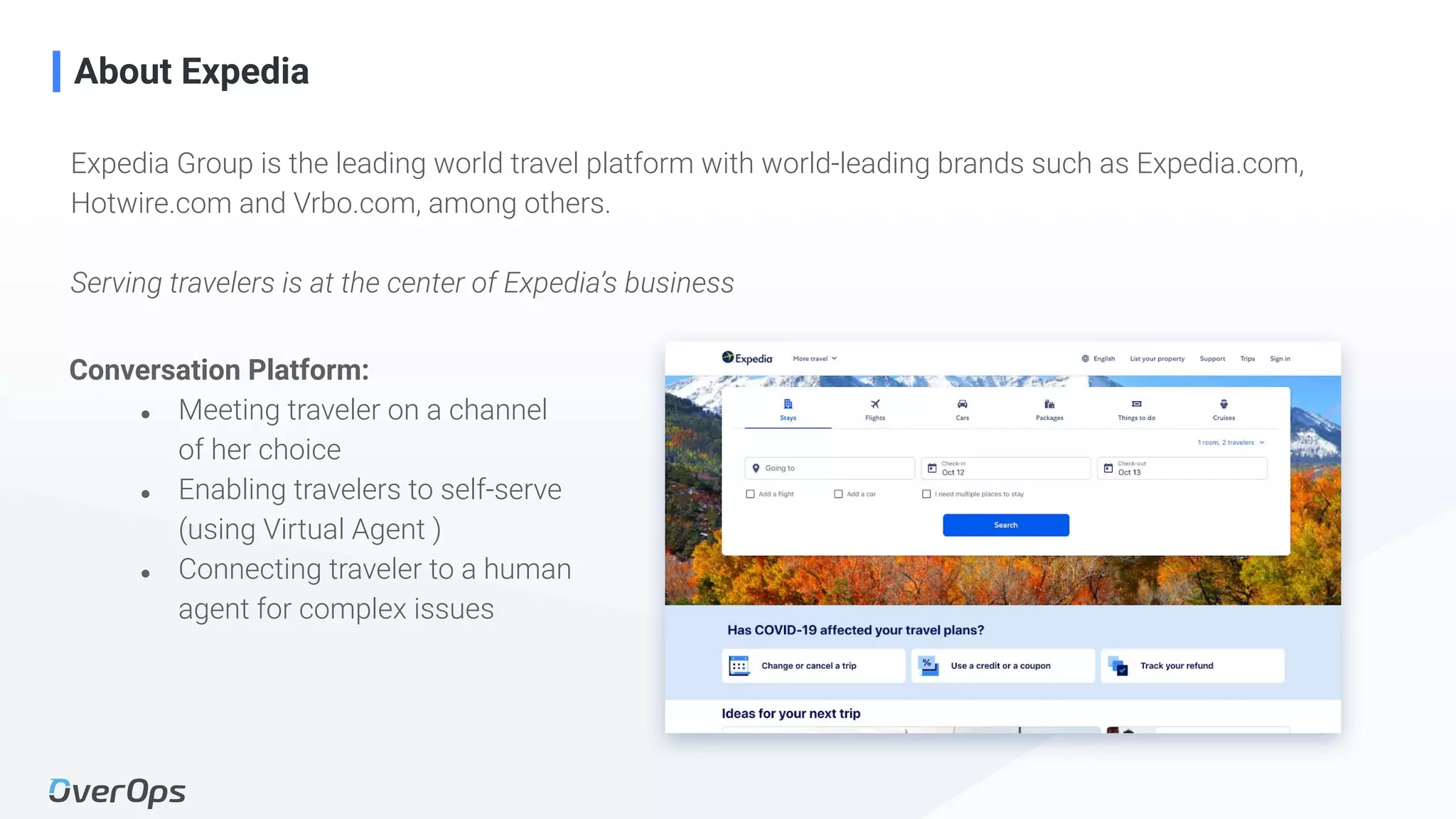 6Copyright © 2020 OverOps. All rights reserved.
About Expedia
Expedia Group is the leading world travel platform with world-leading brands such as Expedia.com,
Hotwire.com and Vrbo.com, among others.
Serving travelers is at the center of Expedia’s business
Conversation Platform:
● Meeting traveler on a channel
of her choice
● Enabling travelers to self-serve
(using Virtual Agent )
● Connecting traveler to a human
agent for complex issues
 