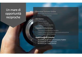 Un  mare  di  
opportunità  
reciproche
 Chi	
  Siamo	
  	
  
-­‐	
  	
  	
  	
  	
  	
  I	
  Nostri	
  Brand	
  
-­‐	
  	
  	
  	
  	
  Presenza	
  Globale	
  
-­‐  I	
  Nostri	
  Canali	
  di	
  Vendita	
  
Expedia	
  in	
  Maremma	
  	
  
-­‐	
  	
  	
  	
  	
  	
  Overview	
  e	
  Sta:s:che	
  di	
  vendita	
  	
  
-­‐  I	
  Nostri	
  Canali	
  di	
  Vendita	
  e	
  Internazionalizzazione	
  	
  
-­‐  Conosciamo	
  i	
  clien:	
  Expedia	
  
Opportunità	
  di	
  Crescita	
  	
  
-­‐	
  	
  	
  	
  	
  	
  Strumen:	
  per	
  gli	
  En:	
  di	
  Promozione	
  Pubblici	
  
-­‐  Strumen:	
  per	
  le	
  ADvità	
  locali	
  
-­‐  Strumen:	
  per	
  I	
  nostri	
  Partner	
  
Overview	
  Turismo	
  Online	
  	
  
-­‐	
  	
  	
  	
  	
  	
  Share	
  delle	
  Prenotazioni	
  Online	
  
-­‐	
  	
  	
  	
  	
  Il	
  Giro	
  d’Aﬀari	
  Globale	
  
 