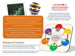 En torno a la Expedición Bicentenario
                                                                             se desarrollará una serie de actividades
                                                                           como parte de la misión de reconciliación,
   La Expedición Bicentenario 2.010 se desarrollará en                   restauración , integración y unión de nuestros
     6 fases por todo el territorio suramericano donde                        pueblos y familias en varios enfoques.
        cada vehículo recorrerá más de 33.000 kms,
   ingresando a los 10 países, para visitar 200 ciudades
               durante los 200 días de viaje.
   La Expedición iniciará el 01 de Julio del 2010 desde
   Cali y terminará el 16 de Enero del 2011 en Bogotá
            luego de completar las 100 etapas.
   Cada día desarrollaremos algunas actividades como
      parte de la misión que nos hemos propuesto.



Nos apoyaremos en conexiones propias a nuestros portales de Internet
durante el desarrollo de la estrategia integral según el enfoque
social, emocional y espiritual, apoyado en las nuevas tecnologías.

También en conexiones externas con otros portales integrados a nuestra
estrategia, según los enfoques culturales, ambientales y deportivos.
 