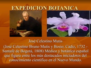 EXPEDICION BOTANICA José Celestino Mutis (José Celestino Bruno Mutis y Bosio; Cádiz, 1732 - Santafé de Bogotá, 1808) Médico y botánico español que figura entre los más destacados iniciadores del conocimiento científico en el Nuevo Mundo. 