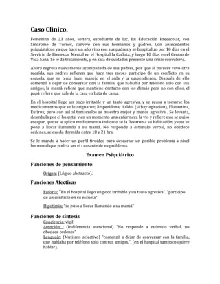 Caso Clínico.
Femenina de 23 años, soltera, estudiante de Lic. En Educación Preescolar, con
Síndrome de Turner, convive con sus hermanos y padres. Con antecedentes
psiquiátricos ya que hace un año vino con sus padres y se hospitalizo por 10 días en el
Servicio de Bienestar Mental en el Hospital la Carlota, y luego 10 días en el Centro de
Vida Sana. Se le da tratamiento, y en sala de cuidados presento una crisis convulsiva.

Ahora regresa nuevamente acompañada de sus padres, por que al parecer tuvo otra
recaída, sus padres refieren que hace tres meses participo de un conflicto en su
escuela, que no tenia buen manejo en el aula y la suspendieron. Después de ello
comenzó a dejar de conversar con la familia, que hablaba por teléfono solo con sus
amigos, la mamá refiere que mantiene contacto con los demás pero no con ellos, el
papá refiere que sale de la casa en bata de cama.

En el hospital llego un poco irritable y un tanto agresiva, y se reusa a tomarse los
medicamentos que se le asignaron; Risperidona, Haldol (si hay agitación), Fluoxetina,
Eutirox, pero aun así al tomárselos se muestra mejor y menos agresiva . Se levanta,
deambula por el hospital y en un momento una enfermera la vio y refiere que se quiso
escapar, que se le aplico medicamento indicado se la llevaron a su habitación, y que se
pone a llorar llamando a su mamá. No responde a estimulo verbal, no obedece
ordenes, se queda dormida entre 18 y 21 hrs.

Se le mando a hacer un perfil tiroideo para descartar un posible problema a nivel
hormonal que podría ser el causante de su problema.

                              Examen Psiquiátrico
Funciones de pensamiento:
      Origen: (Lógico abstracto).

Funciones Afectivas
      Euforia: “En el hospital llego un poco irritable y un tanto agresiva”. “participo
      de un conflicto en su escuela”

      Hipotimia: “se puso a llorar llamando a su mamá”

Funciones de síntesis
      Conciencia: vigil
      Atención : (Indiferencia atencional) “No responde a estimulo verbal, no
      obedece ordenes”
      Lenguaje: (Mutismo selectivo) “comenzó a dejar de conversar con la familia,
      que hablaba por teléfono solo con sus amigos.”, (en el hospital tampoco quiere
      hablar).
 