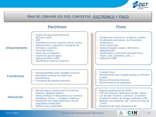 Electrónico                                                      Físico

                 •   Copias de seguridad/auténticas.
                     Backup/restore                                          •   Condiciones intrínsecas: oxidación o acidez
                 •   ILM                                                     •   Condiciones extrínsecas: luz, humedad,
                 •   Transferencia entre soportes: discos, cintas.               temperatura
                 •   Obsolescencia: migración y emulación de                 •   Firma manuscrita
Almacenamiento       formatos y soportes                                     •   Copias de papel a papel o electrónico
                 •   Firma electrónica                                           (digitalización)
                 •   Planes de contingencia                                  •   Clasificación y control de ubicación física
                 •   Control de acceso lógico                                    (hojas, cajas, estantería, sala, ...)
                 •   Aplicación ENS y LOPD                                   •   Aplicación LOPD
                 •   Clasificación soportes externos




                 •   Interoperabilidad entre Unidades externas               •   Traslado físico
                     Eliminación expresa de origen tras                      •   Procedimiento muy reglado basado en informes
Transferencia    •
                                                                                 a papel.
                     transferencia.
                 •   Transporte de soportes externos.                        •   Mucha intervención humana
                                                                             •   Control especial de seguridad.


                 •   Borrado lógico y destrucción física de los              •   Requiere publicación de Orden
                     soportes, dejando registro.                             •   VºBº de Comisión Calificadora de doc. Advos.
                 •   Implica eliminar el documento y su contexto:            •   Los de valor histórico u artístico: a transferir.
 Destrucción         metadatos, firmas, ... cualquier evidencia              •   Incorporar análisis de riesgos realizado y ENS
                 •   Eliminación de copias auténticas y las de               •   Medidas muy explícitas. Eje: triturar en tiras de
                     seguridad (complicado!)                                     12mm.
                 •   Medidas poco exploradas...                              •   Regulación de lugar de destrucción.


14/11/2011                                   Seminario de Administración Electrónica                                            33
 