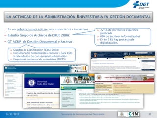 • Es un colectivo muy activo, con importantes iniciativas              o 72,5% de normativa específica
                                                                         publicada
• Estudio Grupo de Archivos de CRUE 2008:                              o 60% de archivos informatizados
                                                                       o En un 58% hay procesos de
• GT ACUP de Gestión Documental y Archivo                                digitalización.

   o Cuadro de Clasificación (CdC) único
   o Construcción herramientas comunes para CdC
     y calendarios de conservación/eliminación
   o Esquemas comunes de metadatos (METS)




14/11/2011                             Seminario de Administración Electrónica                            37
 