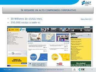 • 30 Millones de visitas/mes.                                     Datos Abril 2011

    • 350.000 visitas a sede-e.




14/11/2011                  Seminario de Administración Electrónica                 4
 