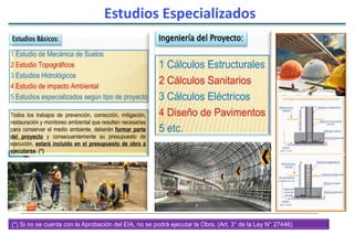 Estudios Especializados
(*) Si no se cuenta con la Aprobación del EIA, no se podrá ejecutar la Obra. (Art. 3° de la Ley N° 27446)
 