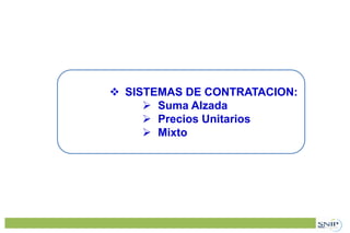  SISTEMAS DE CONTRATACION:
 Suma Alzada
 Precios Unitarios
 Mixto
 