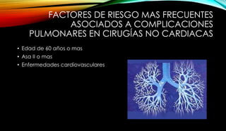 FACTORES DE RIESGO MAS FRECUENTES
ASOCIADOS A COMPLICACIONES
PULMONARES EN CIRUGÍAS NO CARDIACAS
• Edad de 60 años o mas
• Asa II o mas
• Enfermedades cardiovasculares
 