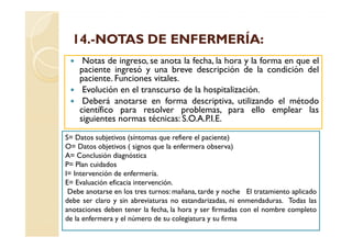 14.-
  14.-NOTAS DE ENFERMERÍA:
     Notas de ingreso, se anota la fecha, la hora y la forma en que el
    paciente ingresó y una breve descripción de la condición del
    paciente. Funciones vitales.
     Evolución en el transcurso de la hospitalización.
     Deberá anotarse en forma descriptiva, utilizando el método
    científico para resolver problemas, para ello emplear las
    siguientes normas técnicas: S.O.A.P.I.E.

S= Datos subjetivos (síntomas que refiere el paciente)
O= Datos objetivos ( signos que la enfermera observa)
A= Conclusión diagnóstica
P= Plan cuidados
I= Intervención de enfermería.
E= Evaluación eficacia intervención.
 Debe anotarse en los tres turnos: mañana, tarde y noche El tratamiento aplicado
debe ser claro y sin abreviaturas no estandarizadas, ni enmendaduras. Todas las
anotaciones deben tener la fecha, la hora y ser firmadas con el nombre completo
de la enfermera y el número de su colegiatura y su firma
 