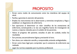 PROPOSITO
Sirven como medio de comunicación entre los miembros del equipo de
salud.
Facilita y garantiza la atención del paciente.
Emplea los instrumentos de la observación y entrevista terapéutica y llega a
establecer un diagnóstico de enfermería.
Son oportunas al determinar un valor científico de las anotaciones de
enfermería, constituyendo a la vez una magnifica fuente de investigación de
nuevos y mejores métodos para el cuidado de los pacientes.
Valora el progreso del paciente, actualiza el plan de cuidado, evalúa los
resultados
Son precisas, secuencialmente lógicas, precisando la hora.
Son claras, con redacción sencilla y comprensible, evitando ambigüedades.
Sirven como base legal para comprobar que la asistencia de enfermería sea
realizada
según las normas aceptadas para la práctica profesional.
 