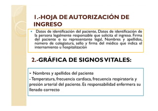 1.-
  1.-HOJA DE AUTORIZACIÓN DE
  INGRESO
    Datos de identificación del paciente, Datos de identificación de
   la persona legalmente responsable que solicita el ingreso. Firma
   del paciente o su representante legal, Nombres y apellidos,
   número de colegiatura, sello y firma del médico que indica el
   internamiento u hospitalización


 2.-GRÁFICA DE SIGNOS VITALES:

- Nombres y apellidos del paciente
- Temperatura, frecuencia cardiaca, frecuencia respiratoria y
presión arterial del paciente. Es responsabilidad enfermera su
llenado correcto
 