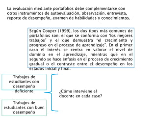 La evaluación mediante portafolios debe complementarse con
otros instrumentos de autoevaluación, observación, entrevista,
reporte de desempeño, examen de habilidades y conocimientos.
Según Cooper (1999), los dos tipos más comunes de
portafolios son: el que se conforma con “los mejores
trabajos” y el que demuestra “el crecimiento y
progreso en el proceso de aprendizaje”. En el primer
caso el interés se centra en valorar el nivel de
dominio en el aprendizaje, mientras que en el
segundo se hace énfasis en el proceso de crecimiento
gradual o el contraste entre el desempeño en los
estados inicial y final.
Trabajos de
estudiantes con buen
desempeño
Trabajos de
estudiantes con
desempeño
deficiente ¿Cómo interviene el
docente en cada caso?
 
