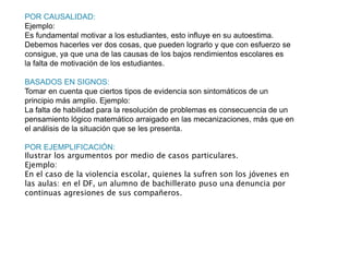 POR CAUSALIDAD:
Ejemplo:
Es fundamental motivar a los estudiantes, esto influye en su autoestima.
Debemos hacerles ver dos cosas, que pueden lograrlo y que con esfuerzo se
consigue, ya que una de las causas de los bajos rendimientos escolares es
la falta de motivación de los estudiantes.
BASADOS EN SIGNOS:
Tomar en cuenta que ciertos tipos de evidencia son sintomáticos de un
principio más amplio. Ejemplo:
La falta de habilidad para la resolución de problemas es consecuencia de un
pensamiento lógico matemático arraigado en las mecanizaciones, más que en
el análisis de la situación que se les presenta.
POR EJEMPLIFICACIÓN:
Ilustrar los argumentos por medio de casos particulares.
Ejemplo:
En el caso de la violencia escolar, quienes la sufren son los jóvenes en
las aulas: en el DF, un alumno de bachillerato puso una denuncia por
continuas agresiones de sus compañeros.
 