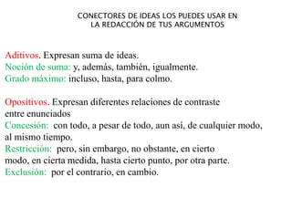 CONECTORES DE IDEAS LOS PUEDES USAR EN
LA REDACCIÓN DE TUS ARGUMENTOS
Aditivos. Expresan suma de ideas.
Noción de suma: y, además, también, igualmente.
Grado máximo: incluso, hasta, para colmo.
Opositivos. Expresan diferentes relaciones de contraste
entre enunciados
Concesión: con todo, a pesar de todo, aun así, de cualquier modo,
al mismo tiempo.
Restricción: pero, sin embargo, no obstante, en cierto
modo, en cierta medida, hasta cierto punto, por otra parte.
Exclusión: por el contrario, en cambio.
 