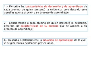 1.- Describa las características de desarrollo y de aprendizaje de
cada alumno de quien presentó la evidencia, considerando sólo
aquellas que se asocien a su proceso de aprendizaje.
2.- Considerando a cada alumno de quien presentó la evidencia,
describa las características de su entorno que se asocien a su
proceso de aprendizaje.
3.- Describa detalladamente la situación de aprendizaje de la cual
se originaron las evidencias presentadas.
 