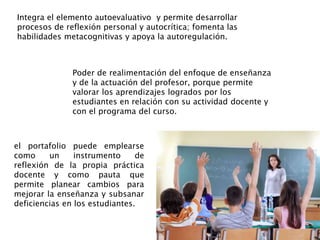 Integra el elemento autoevaluativo y permite desarrollar
procesos de reflexión personal y autocrítica; fomenta las
habilidades metacognitivas y apoya la autoregulación.
Poder de realimentación del enfoque de enseñanza
y de la actuación del profesor, porque permite
valorar los aprendizajes logrados por los
estudiantes en relación con su actividad docente y
con el programa del curso.
el portafolio puede emplearse
como un instrumento de
reflexión de la propia práctica
docente y como pauta que
permite planear cambios para
mejorar la enseñanza y subsanar
deficiencias en los estudiantes.
 
