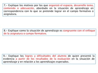7.- Explique los motivos por los que organizó el espacio, desarrollo tema,
contenido o adecuación, abordado en la situación de aprendizaje en
correspondencia con lo que se pretende lograr en el campo formativo o
asignatura.
8.- Explique como la situación de aprendizaje es congruente con el enfoque
de la asignatura o campo formativo.
9.- Explique los logros y dificultades del alumno de quien presentó la
evidencia a partir de los resultados de la evaluación en la situación de
aprendizaje y en relación a los aprendizajes esperados.
 