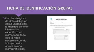 FICHA DE IDENTIFICACIÓN GRUPAL
 Permite el registro
de datos del grupo
como unidad, con
la finalidad de tener
información
específica del
mismo sobre todo
esto se hace
necesario cuando
trabajan varios
grupos en una
misma institución.

 