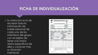 FICHA DE INDIVIDUALIZACIÓN
 Su intención es la de
recabar toda la
información de
índole personal de
cada uno de los
miembros del grupo,
con el objeto de
tener a la mano
datos específicos de
ellos y conocer más
su situación
individual.

 