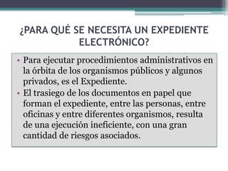¿PARA QUÉ SE NECESITA UN EXPEDIENTE
           ELECTRÓNICO?
• Para ejecutar procedimientos administrativos en
  la órbita de los organismos públicos y algunos
  privados, es el Expediente.
• El trasiego de los documentos en papel que
  forman el expediente, entre las personas, entre
  oficinas y entre diferentes organismos, resulta
  de una ejecución ineficiente, con una gran
  cantidad de riesgos asociados.
 